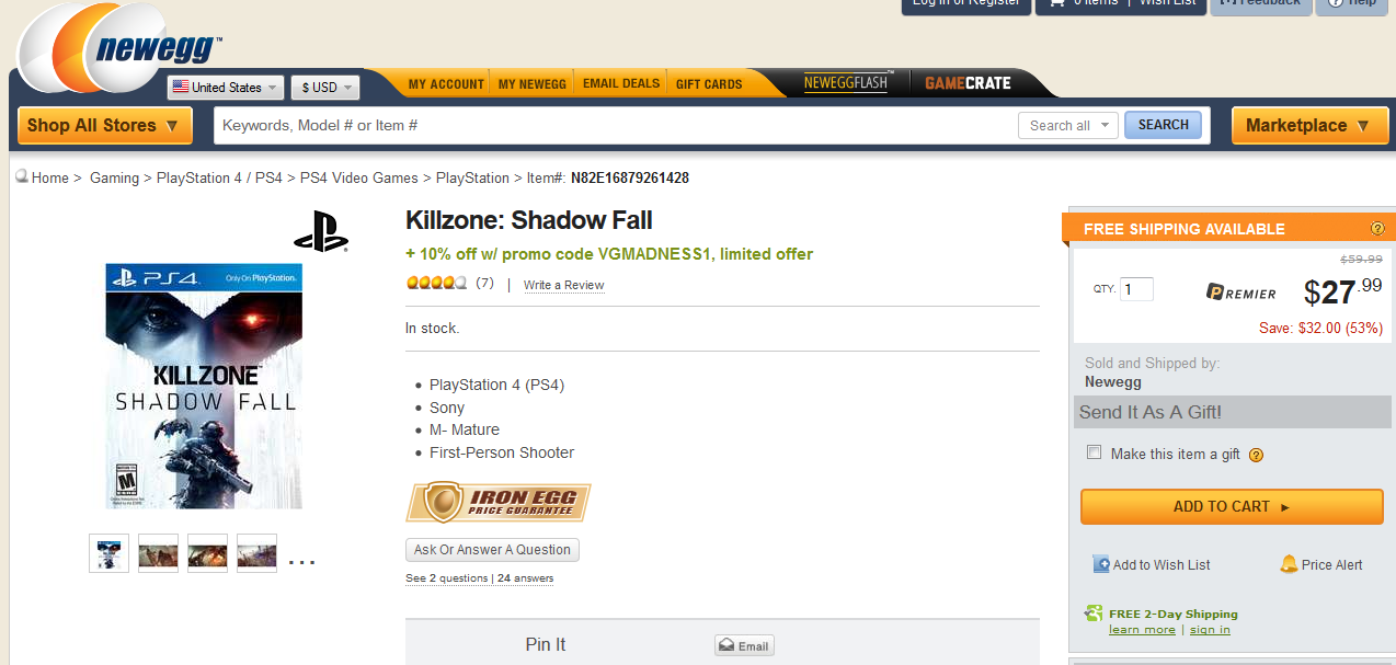 Killzone Shadow Fall for PS4 Only 25 on Newegg With Promo Code