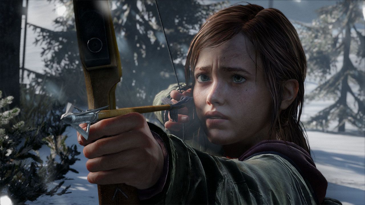 The Last of Us (TLOU) Winter Render of Ellie drawing her bow to protect herself