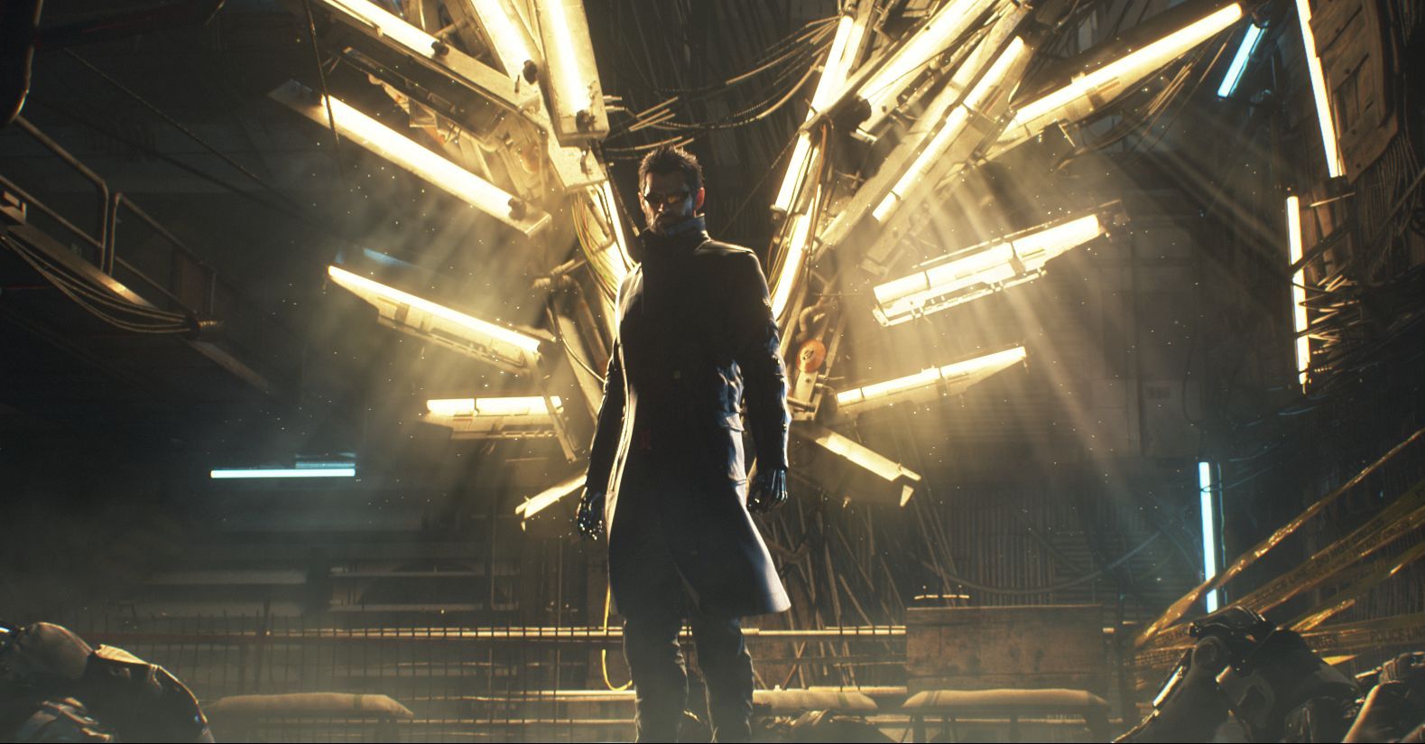 Deus Ex Mankind Divided Adam Poses Like An Angel In Front of Street Lights