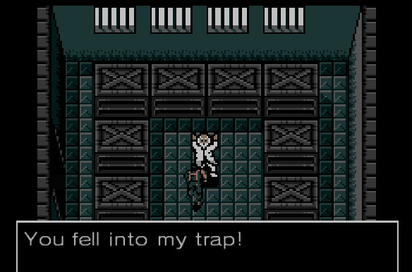 A scientist in a lab coat surrounded by crates in the original Metal Gear on the MSX.