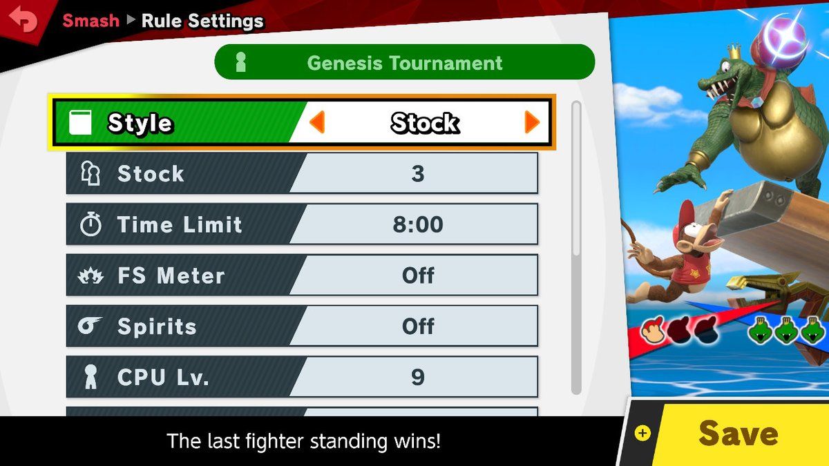 Genesis Tournament Rules Settings Super Smash Bros. Ultimate Nintendo Switch