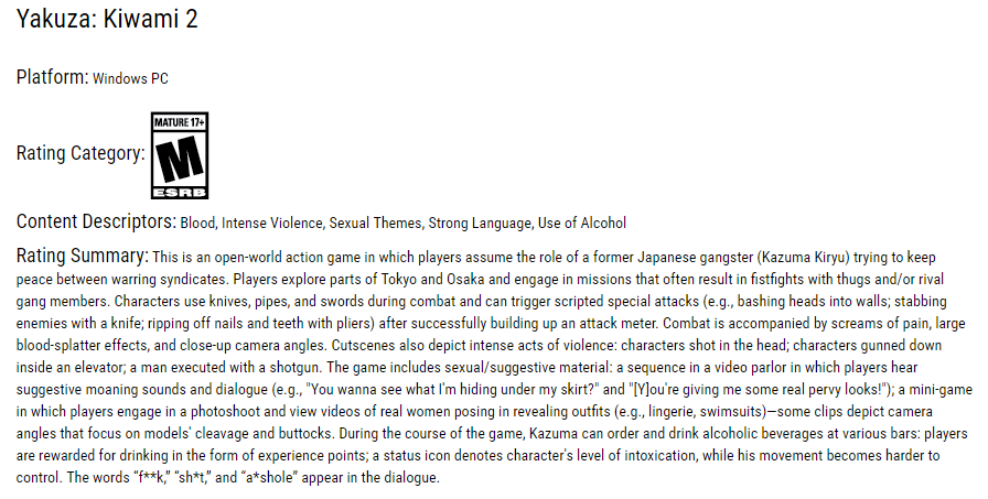 yakuza kiwami 2 sega PC PS4 rating ESRB