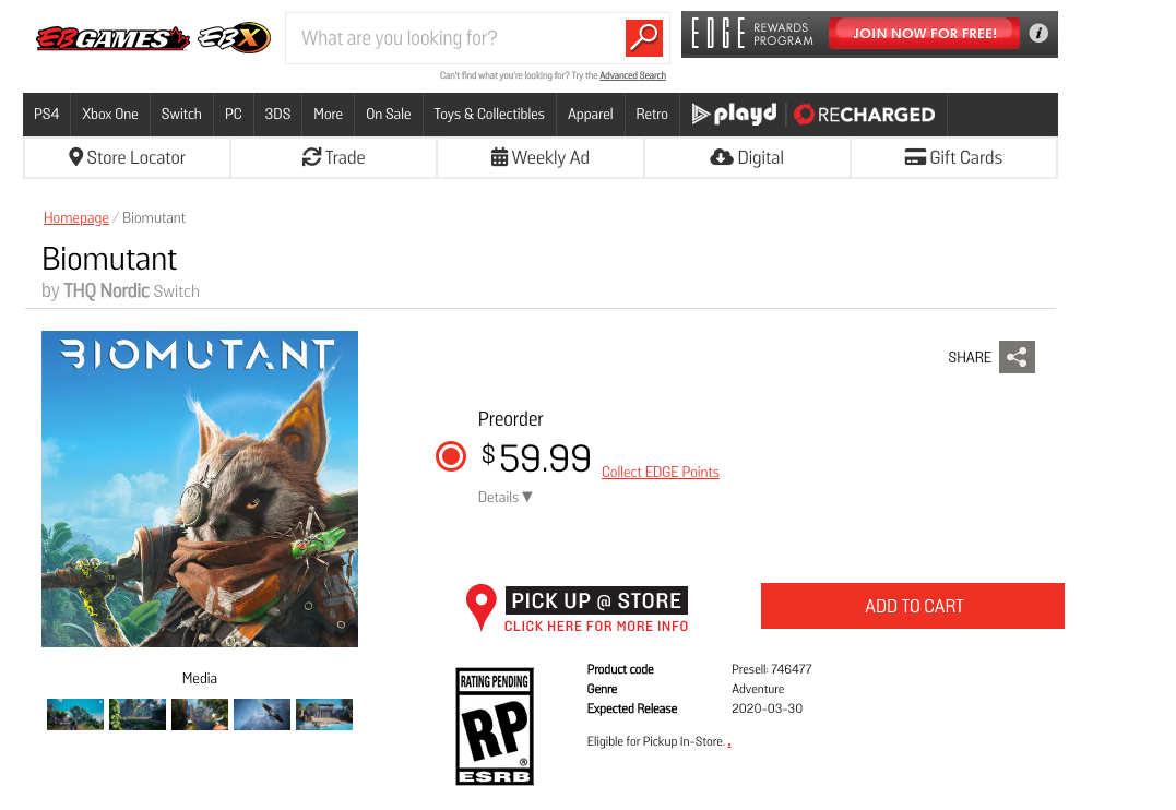 Biomutant Listed for Switch on EB Games Website