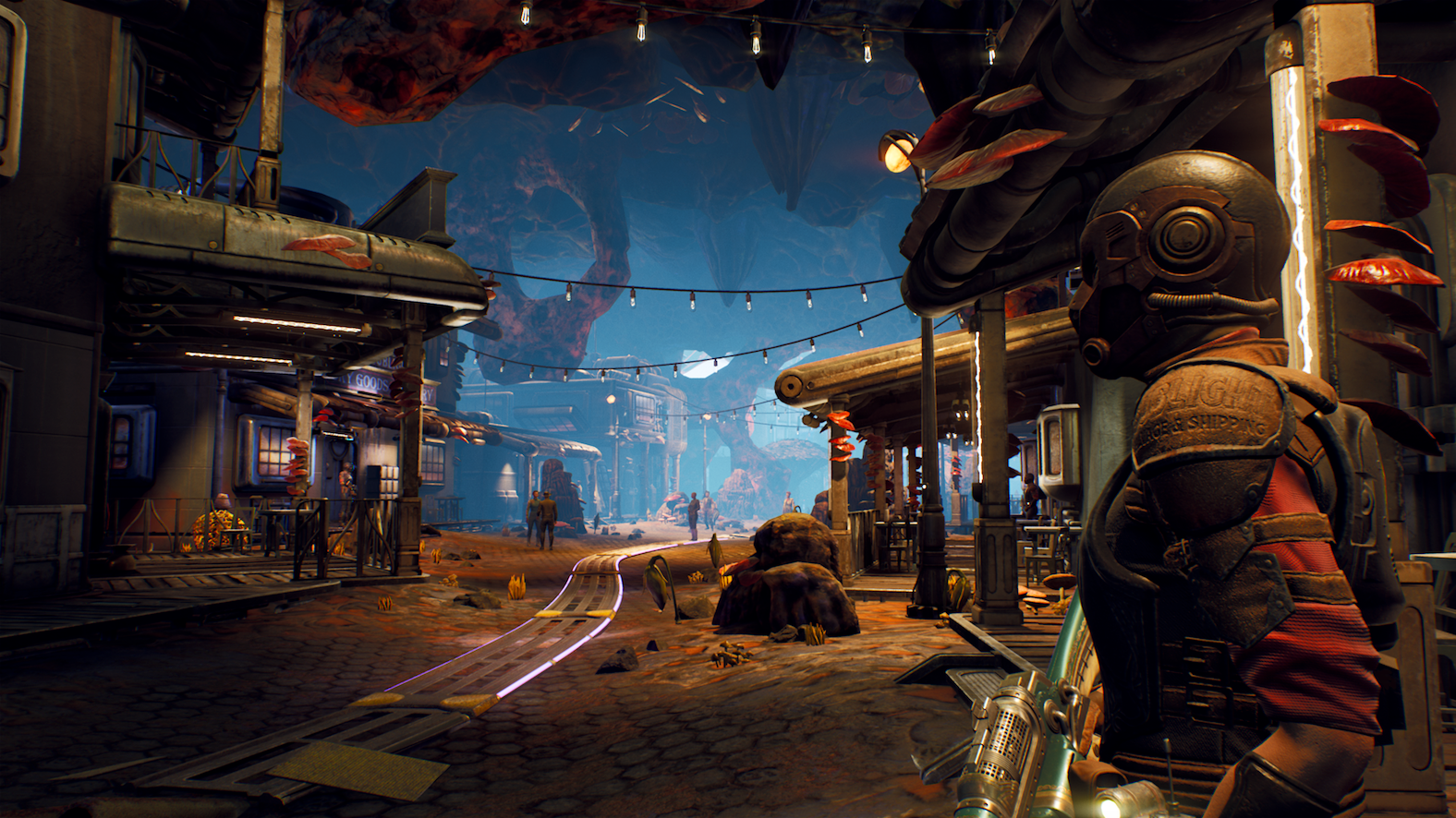 The Outer Worlds character looking to a sci-fi town that looks like a Star Wars town