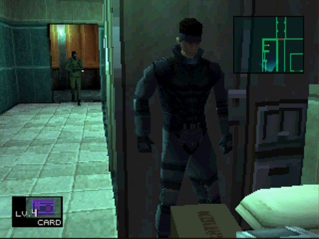 Solid Snake pressed against a wall as an enemy aproaches in Metal Gear Solid.