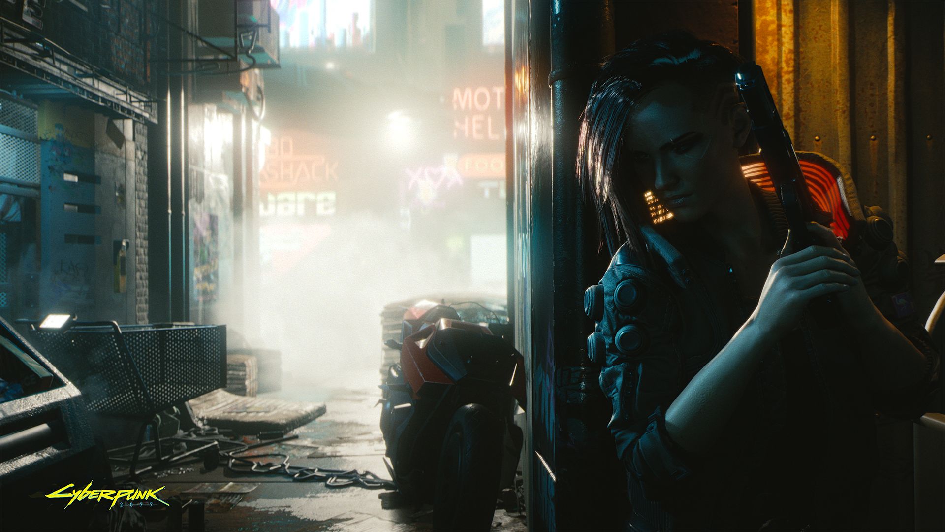 Cyberpunk 2077 V hiding round a corner of an alley, gun drawn