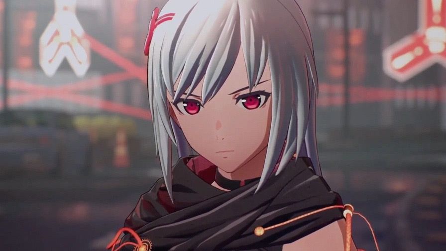 Scarlet Nexus protagonist Kasane Randall face close up, with red eyes and silver shoulder length hairstyle, feature image for xbox series x launch gameplay story