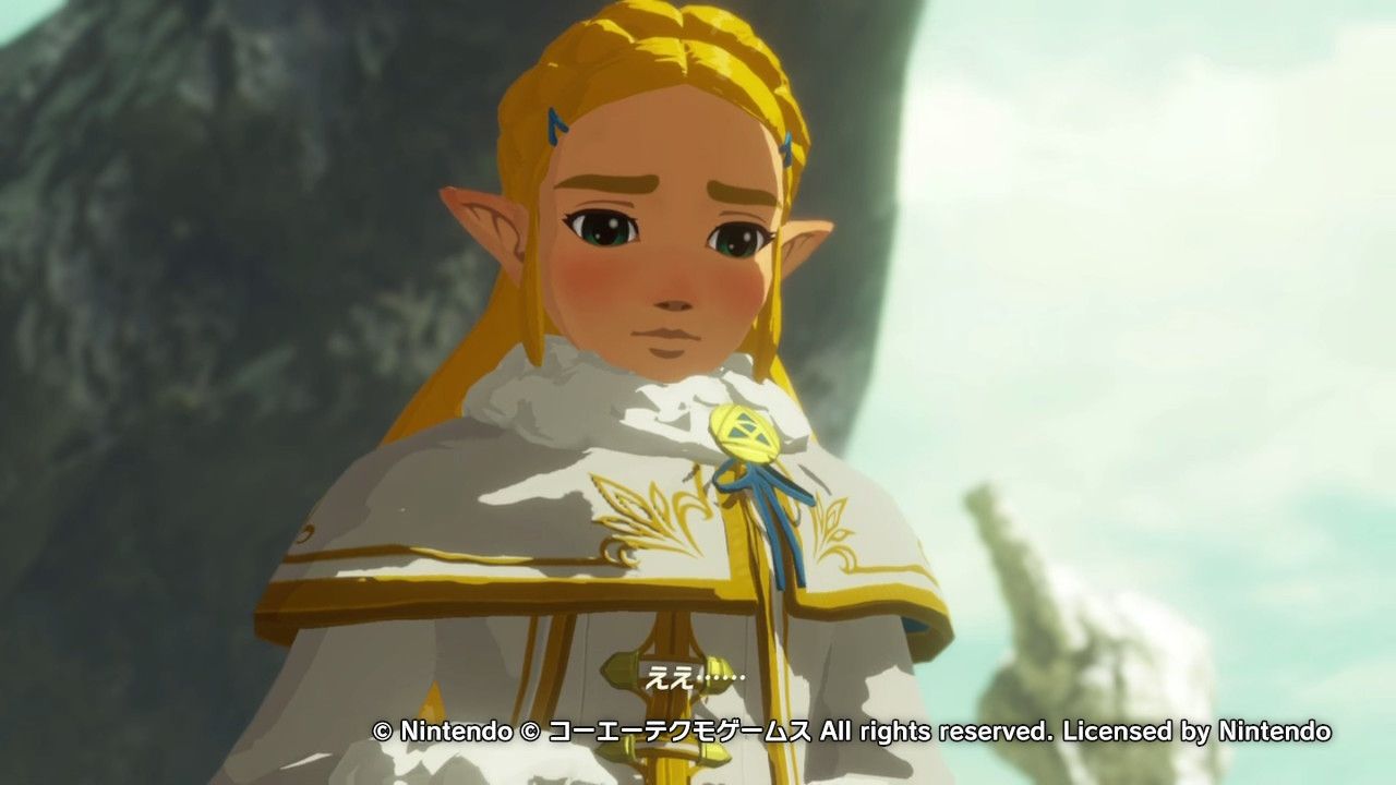 Hyrule Warriors Age of Calamity sales feature super cute screenshot of zelda is cozy winter clothes blushing