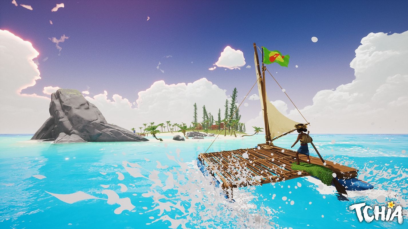 Tchia - Protagonist rides a raft with a sail toward a tropical island.