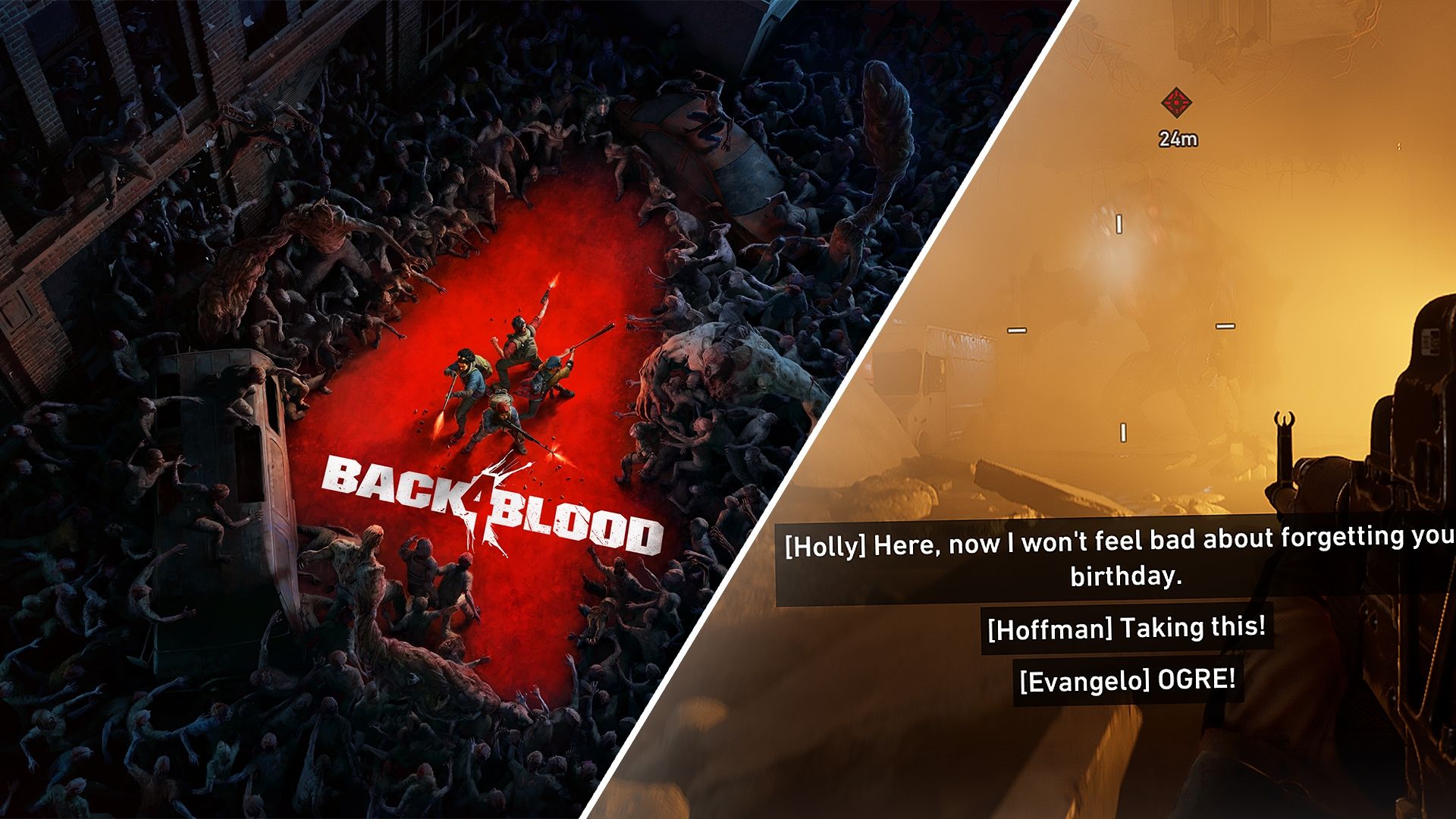 Back 4 Blood logo with part of a screenshot showing subtitles