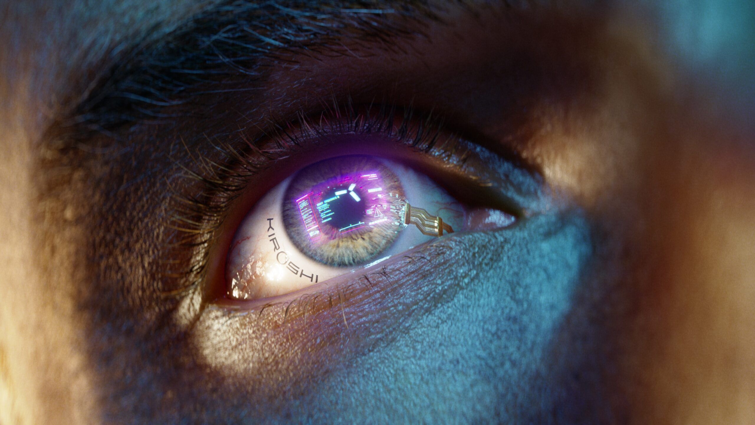 Cyberpunk 2077 close up of eye looking at light