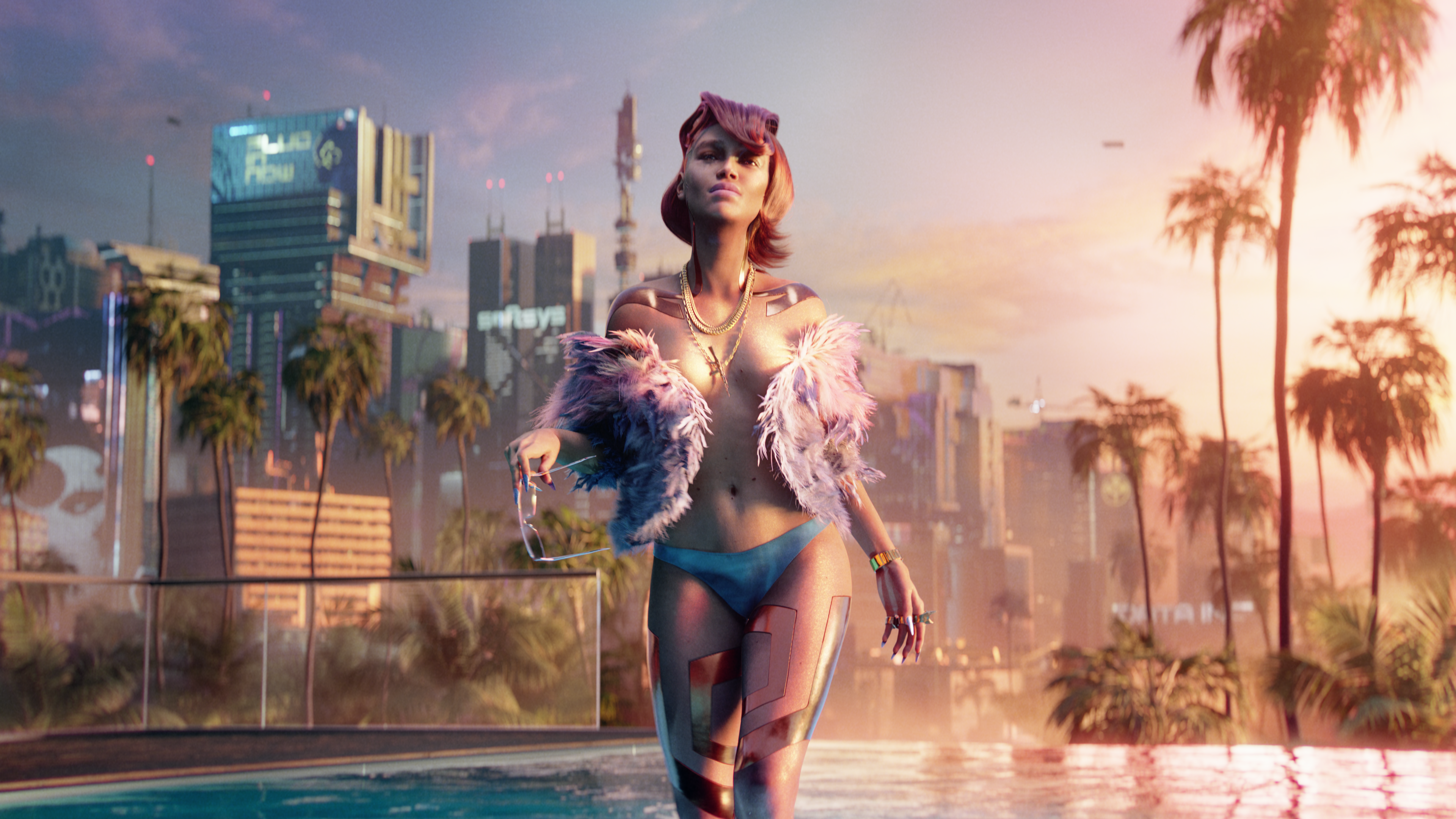 Cyberpunk 2077 key art woman standing in front of night city at day