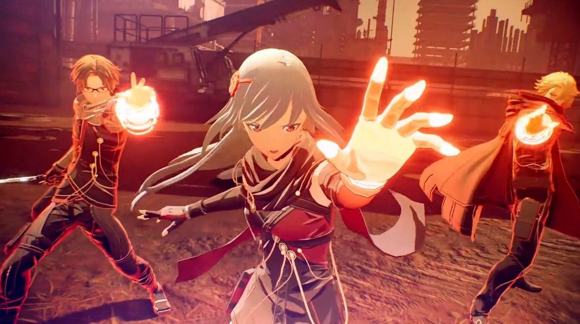 protagonist kasane (silver long hair and super cute but also cool) extending her left hand to exert her psychic power, her two companions at each of her side do the same gesture, Scarlet Nexus release date estimate scarlet nexus the game awards Kasane Randall