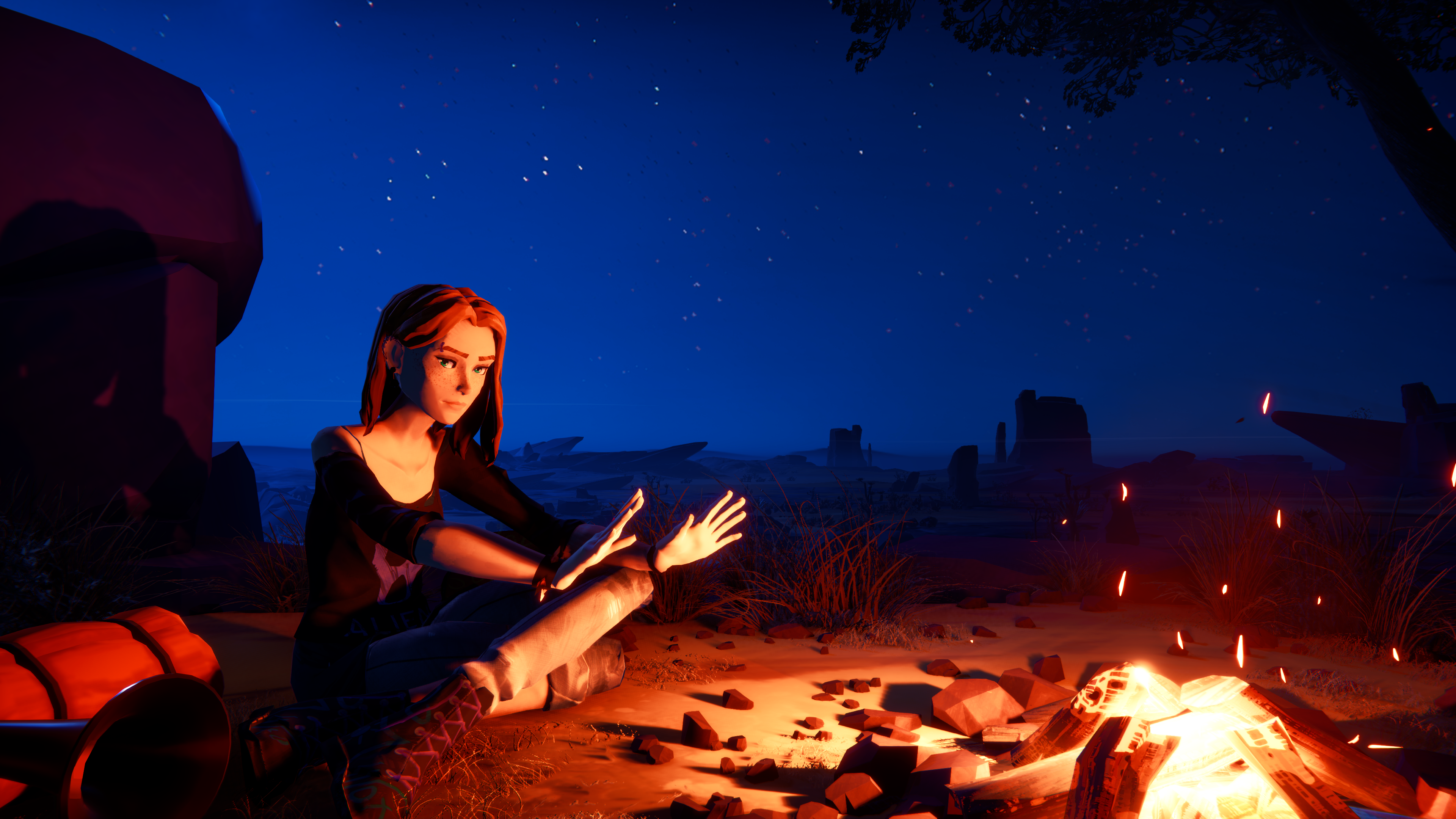 Road 96 character sitting by a fire in a desert at night, warming her hands