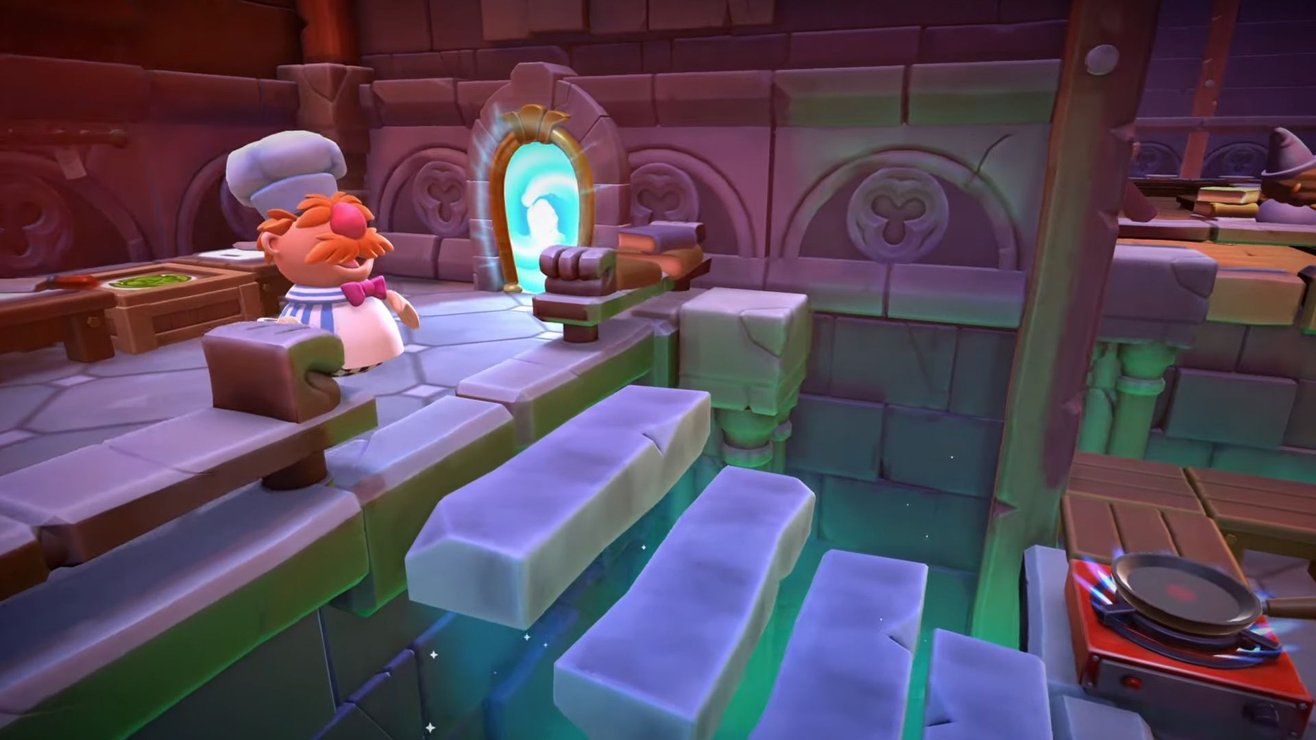 Overcooked! All You Can Eat - Swedish Chef standing at the stop of some steps.