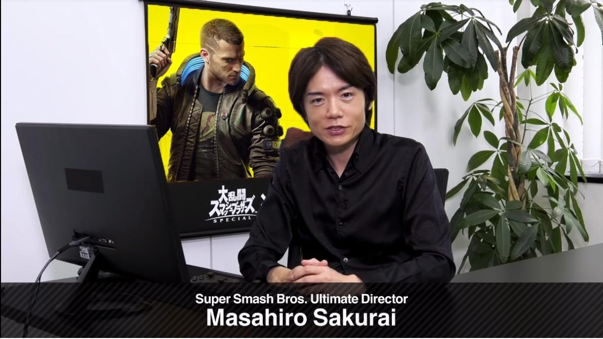 Cyberpunk 2077 Masahiro Sakurai Super Smash Bros Ultimate cd projekt red - sakurai loking at you with a cyberpunk pic behind