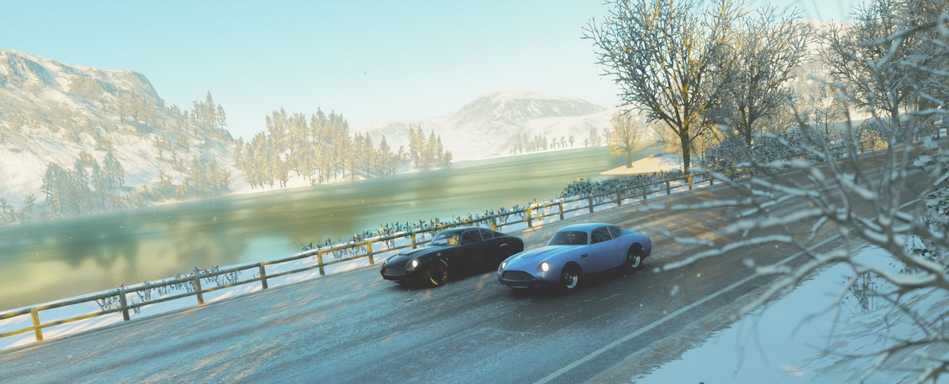 Forza Horizon 4 cars driving side by side near a lake