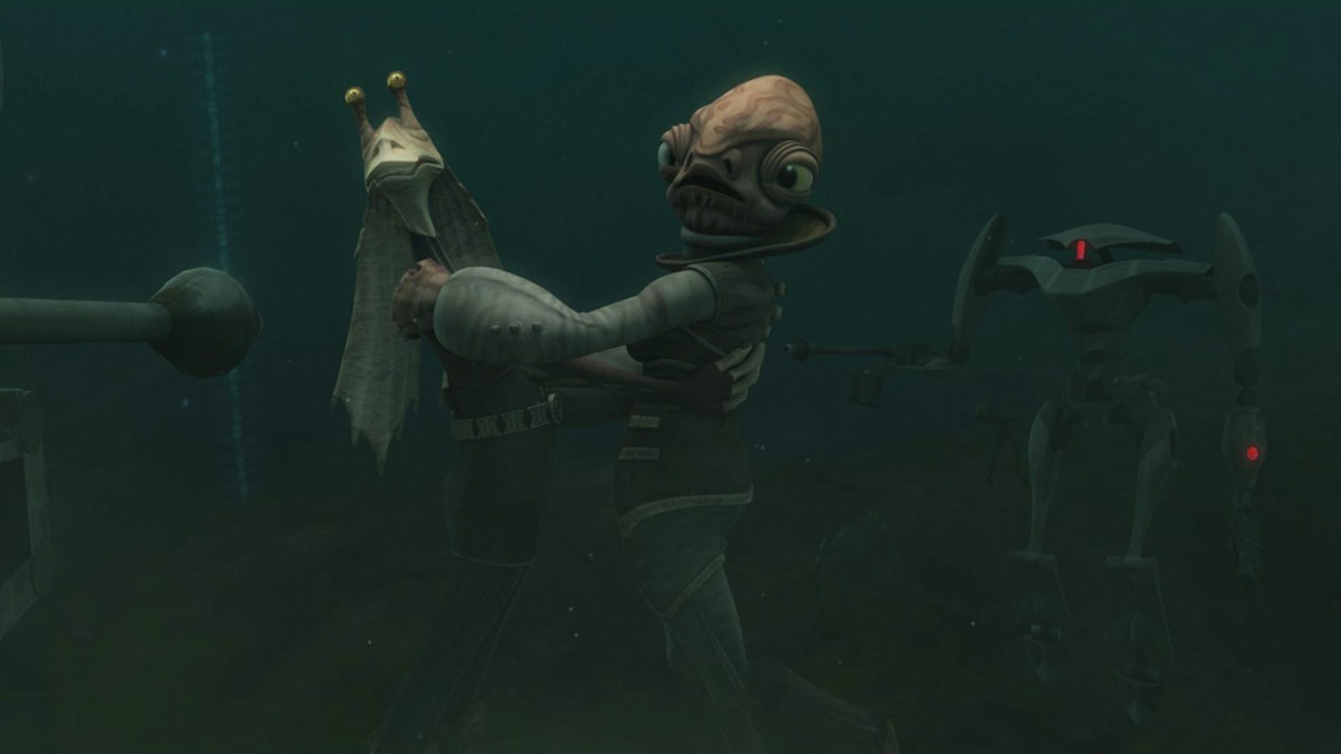Gungan underwater grappling a creature