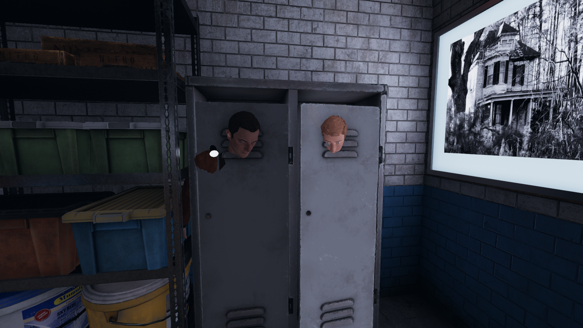 Phasmophobia two players hiding in a locker, heads popping out