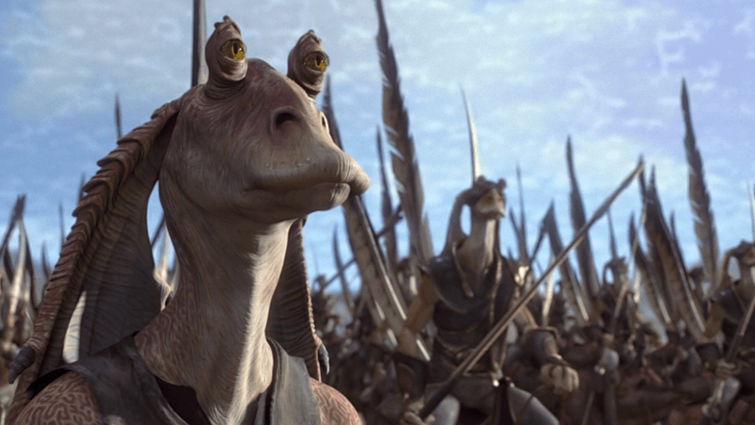 Jar Jar Binks from Star Wars standing alongside an army
