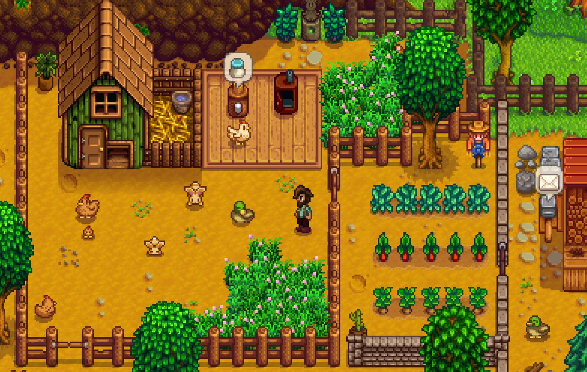 Screenshot of a farm with coop animals and a small garden