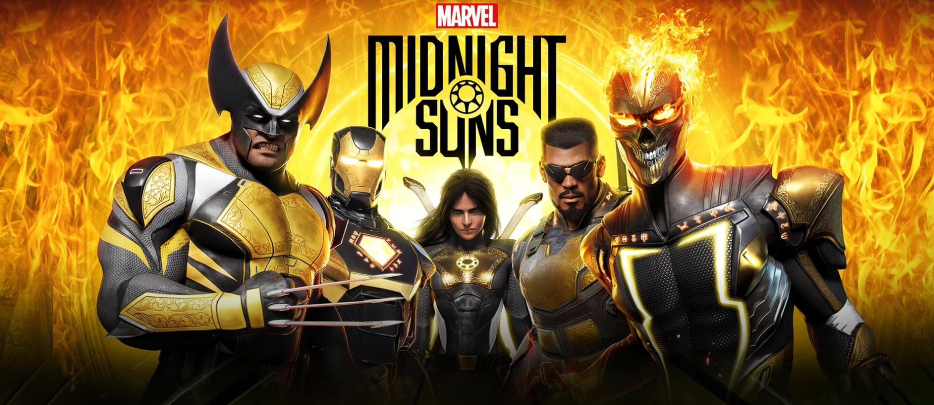 Midnight Suns promotional art featuring wolverine, iron man, blade, and ghost rider