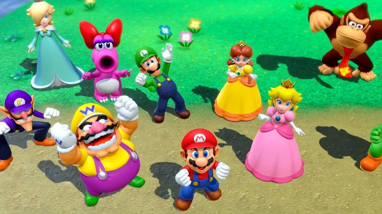 Screenshot containing Mario Party cast members, including Mario, Peach, Luigi, Daisy, Donky Kong, Yoshi, Birdo, Rosalina, Wario and Waluigi.