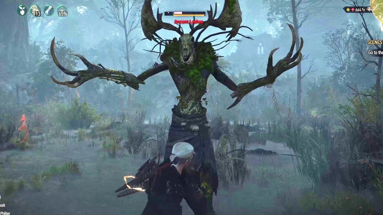 Geralt fighting a Leshen in The Witcher 3
