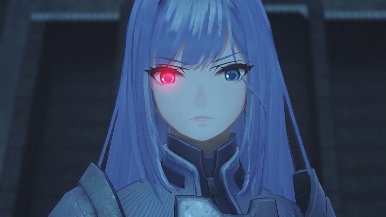 Xenoblade Chronicles 3 close up screenshot of Ethel with right eye flowing red