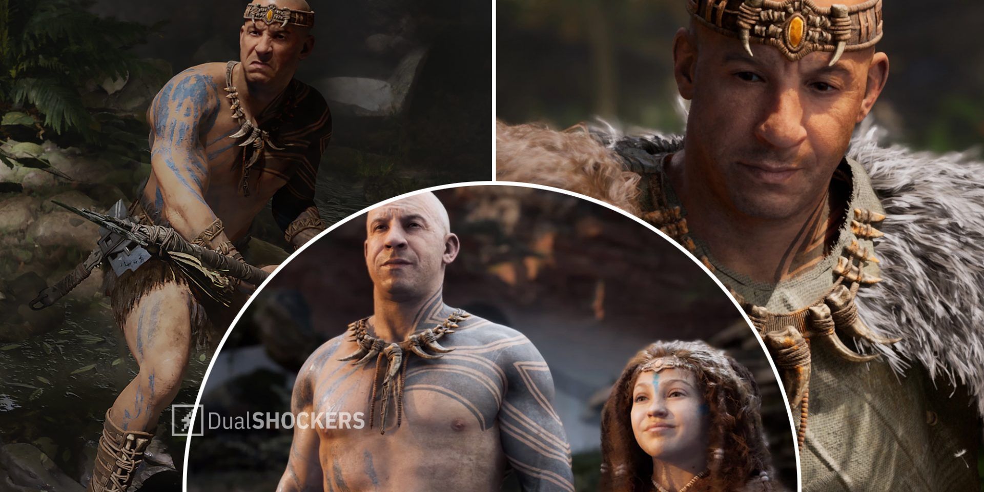 Ark 2 Vin Diesel as main character fighting a monster on left, main characters smiling in middle, Vin Diesel's character on right