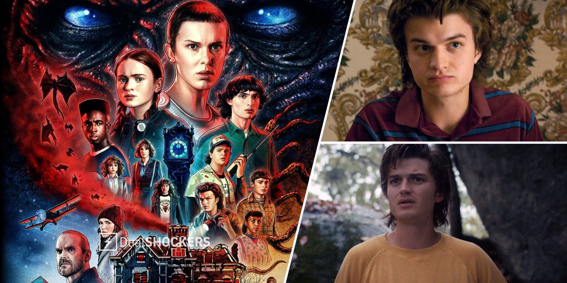 Stranger Things season 4 cast promo photo on left, Steve in season 4 on top right, Steve in season 4 looking concerned on bottom right