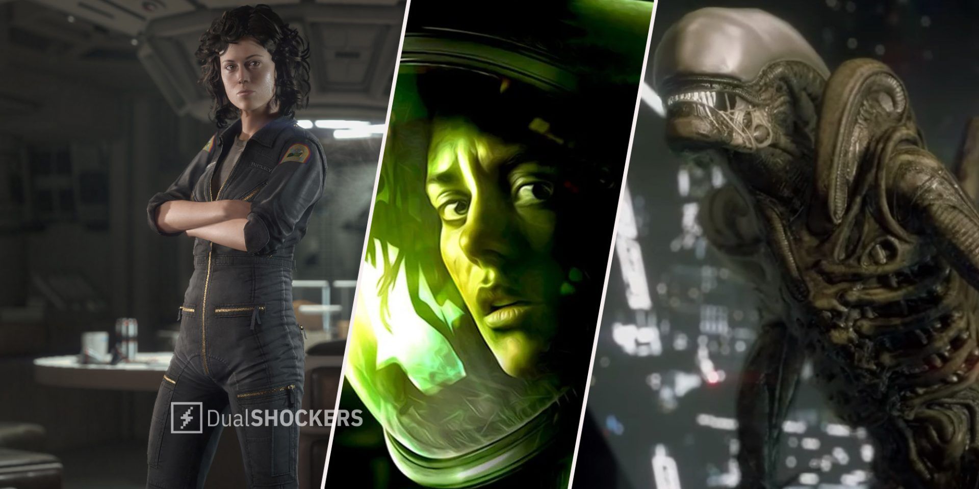 Alien Isolation Ellen Ripley posing on left, Alien Isolation promo photo featuring Amanda Ripley in middle, xenomorph searching for prey on right