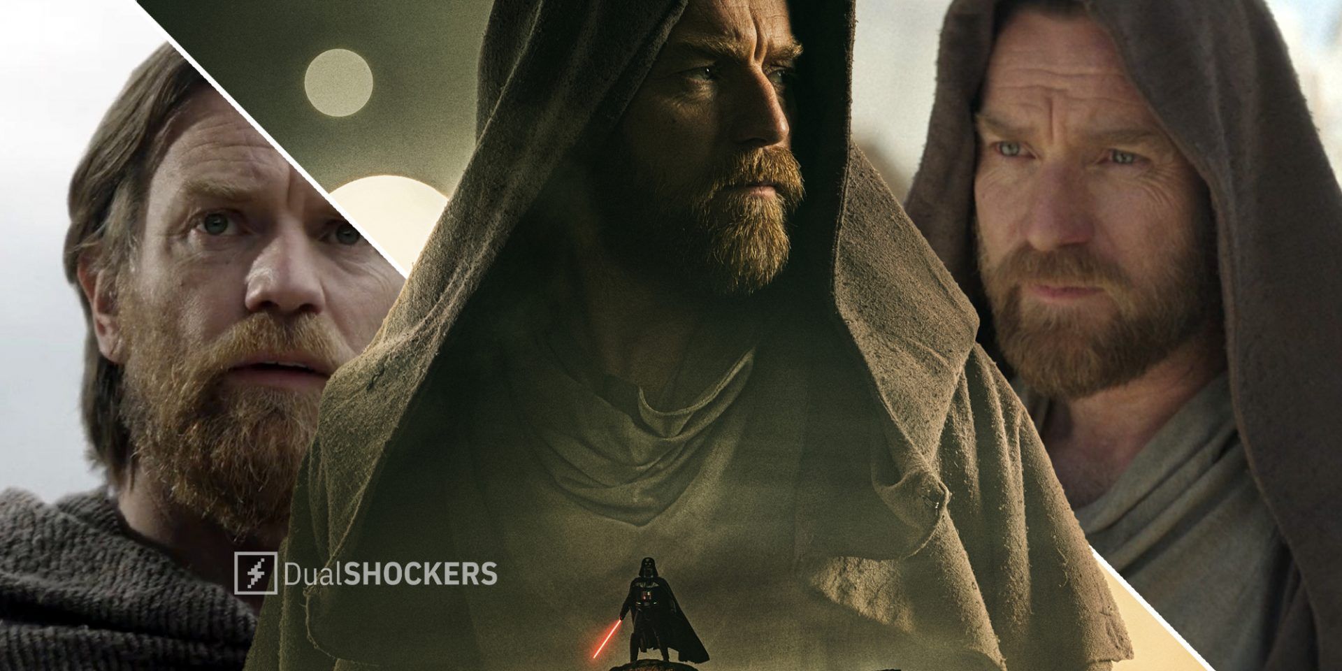 Obi-Wan Kenobi concerned on left, Obi-Wan Kenobi promo photo with Darth Vader in middle, Obi-Wan Kenobi with jedi robe on right