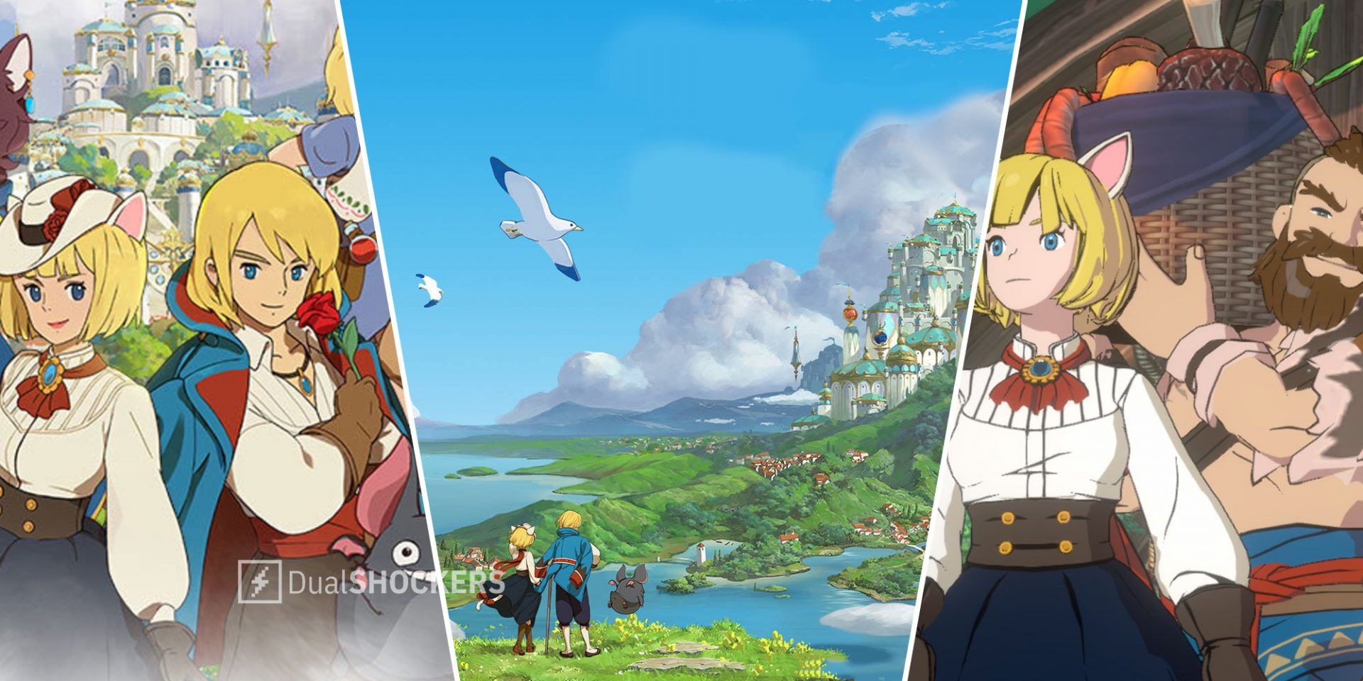 Ni No Kuni Cross Worlds Witch and Swordsman on left, Witch and Swordsman overlooking the landscape in middle, Witch and Destroyer on right