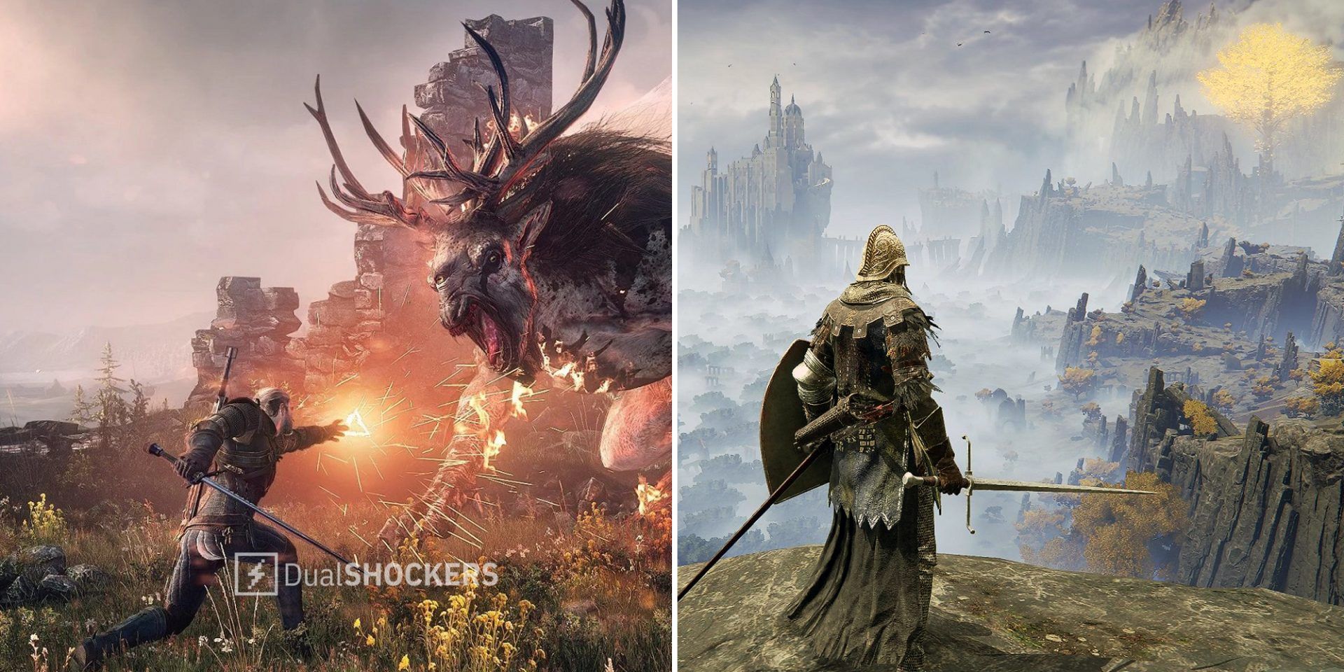 The Witcher 3 Geralt of Rivia fighting a monster on left, Elden Ring player looking out over the landscape on right
