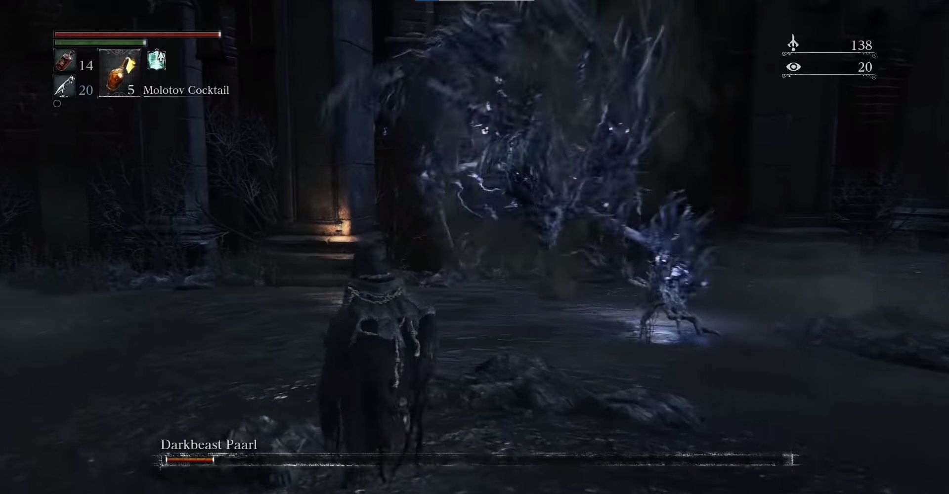 Bloodborne The Hunter fights Darkbeast Paarl in an arena full of corpses.