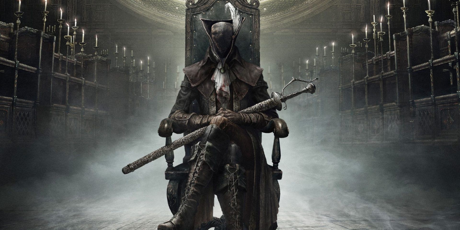 Bloodborne Lady Maria waiting in the Astral Clocktower, sitting in throne-like chair.