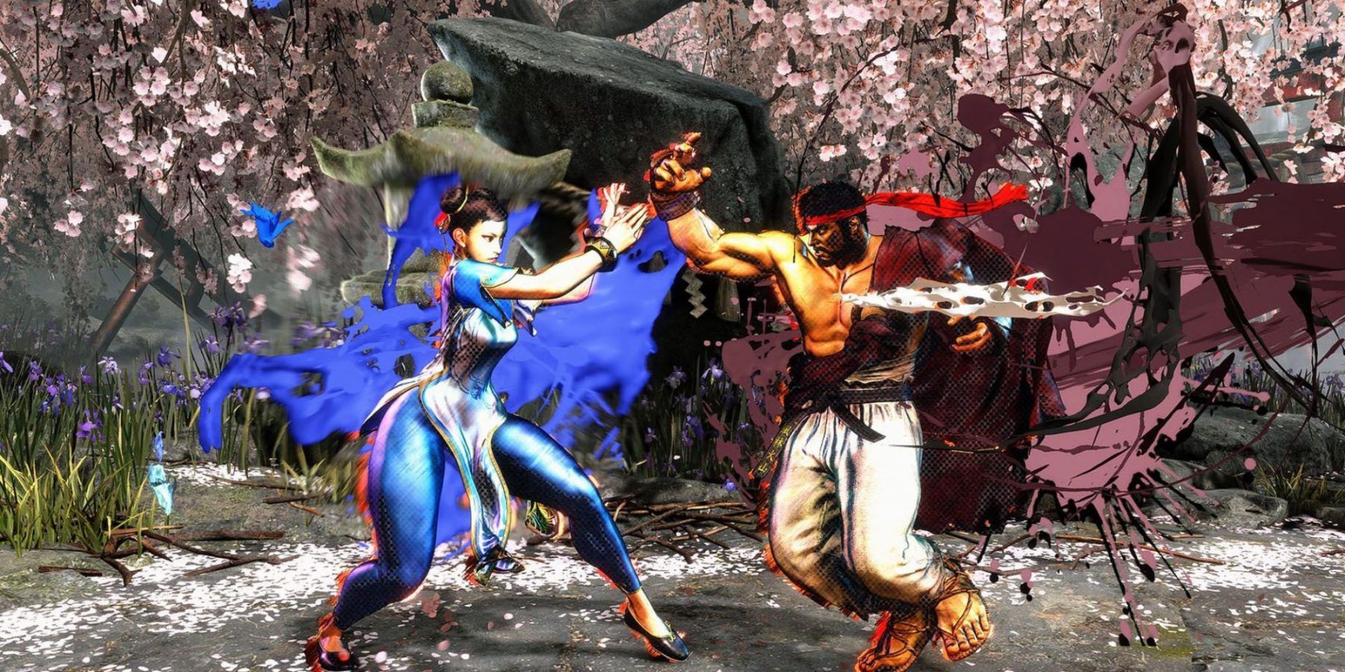 Chun-Li taking on Ryu who is looking to attack in a fight