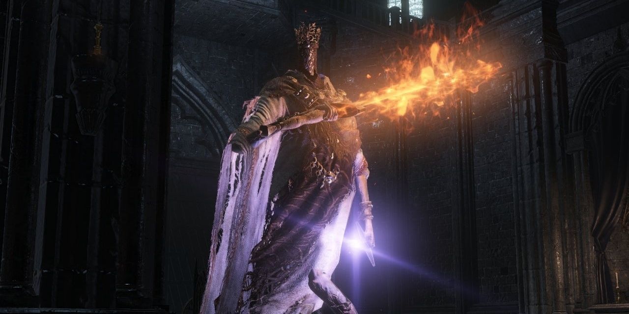 Pontiff Sulyvahn awaits an opponent in his crystal clean church wielding two blades.