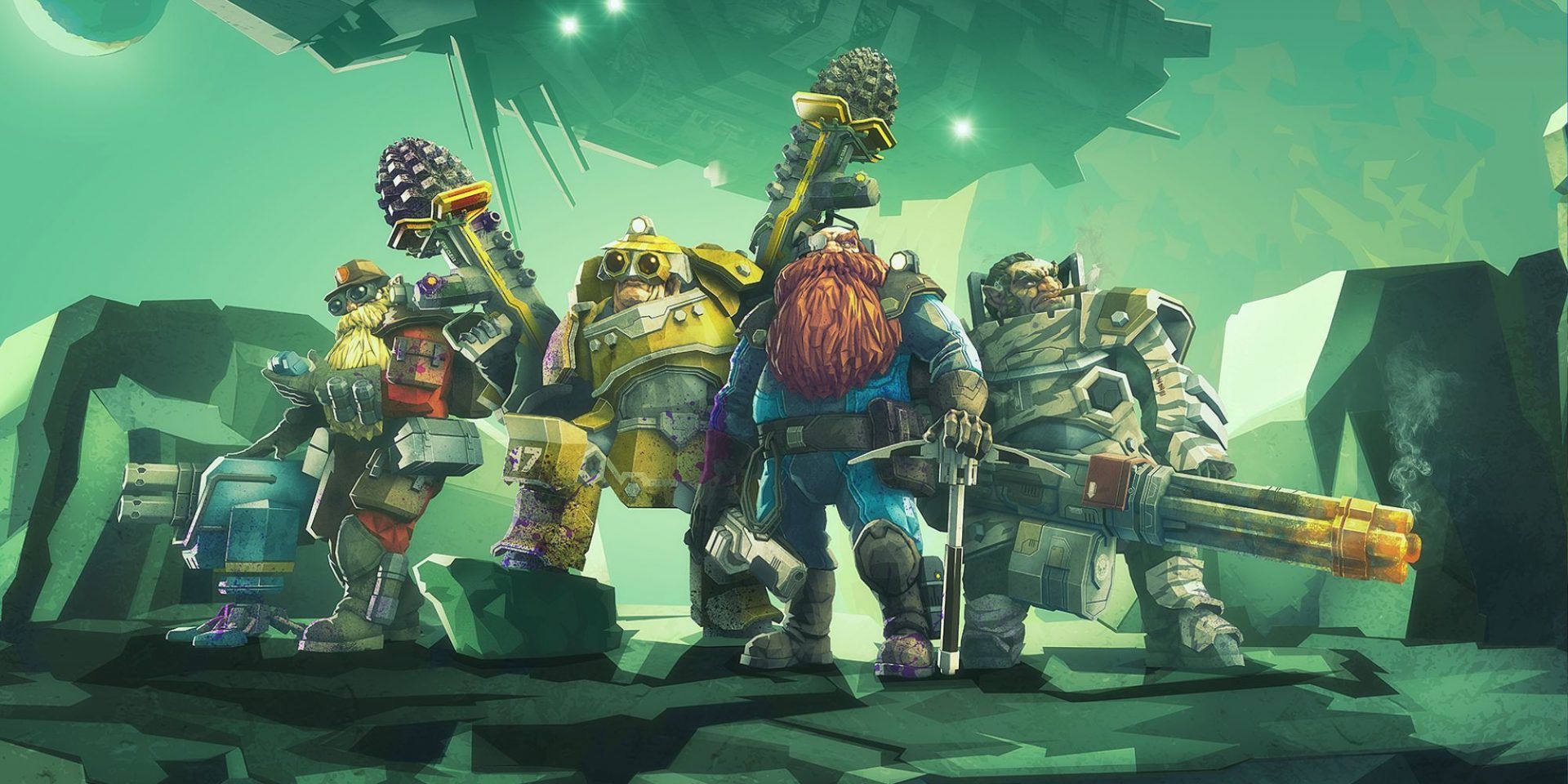 Artwork of four Space Dwarves from the game Deep Rock Galactic.