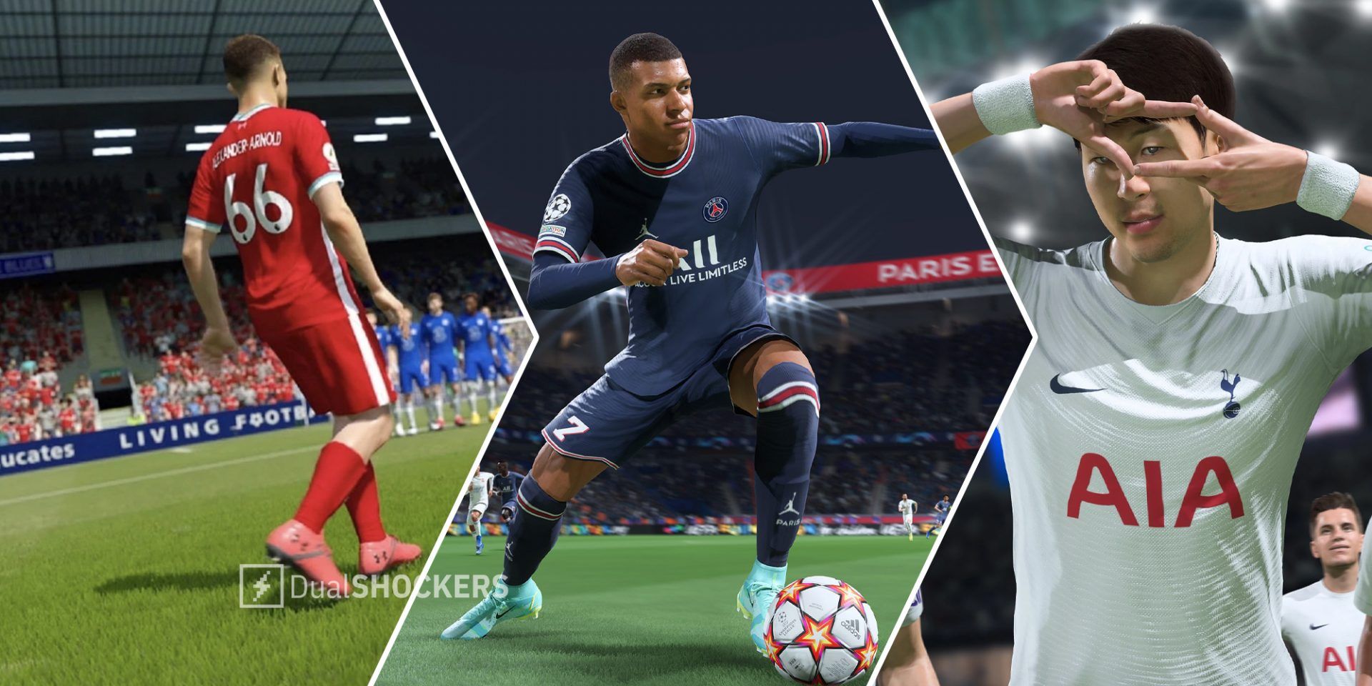 FIFA player about to kick on left, FIFA 22 player running with the soccer ball in middle, player posing after scoring a goal on right