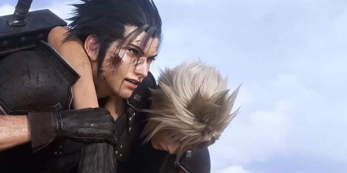 Final Fantasy 7 Rebirth Zack Fair carries Cloud Strife in front of blue background