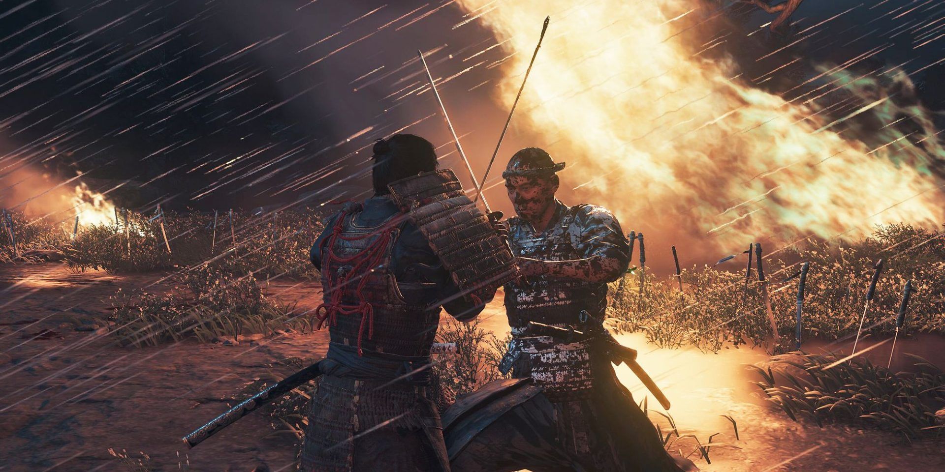 Jin Sakai from the video game version of Ghost of Tsushima battling against an enemy