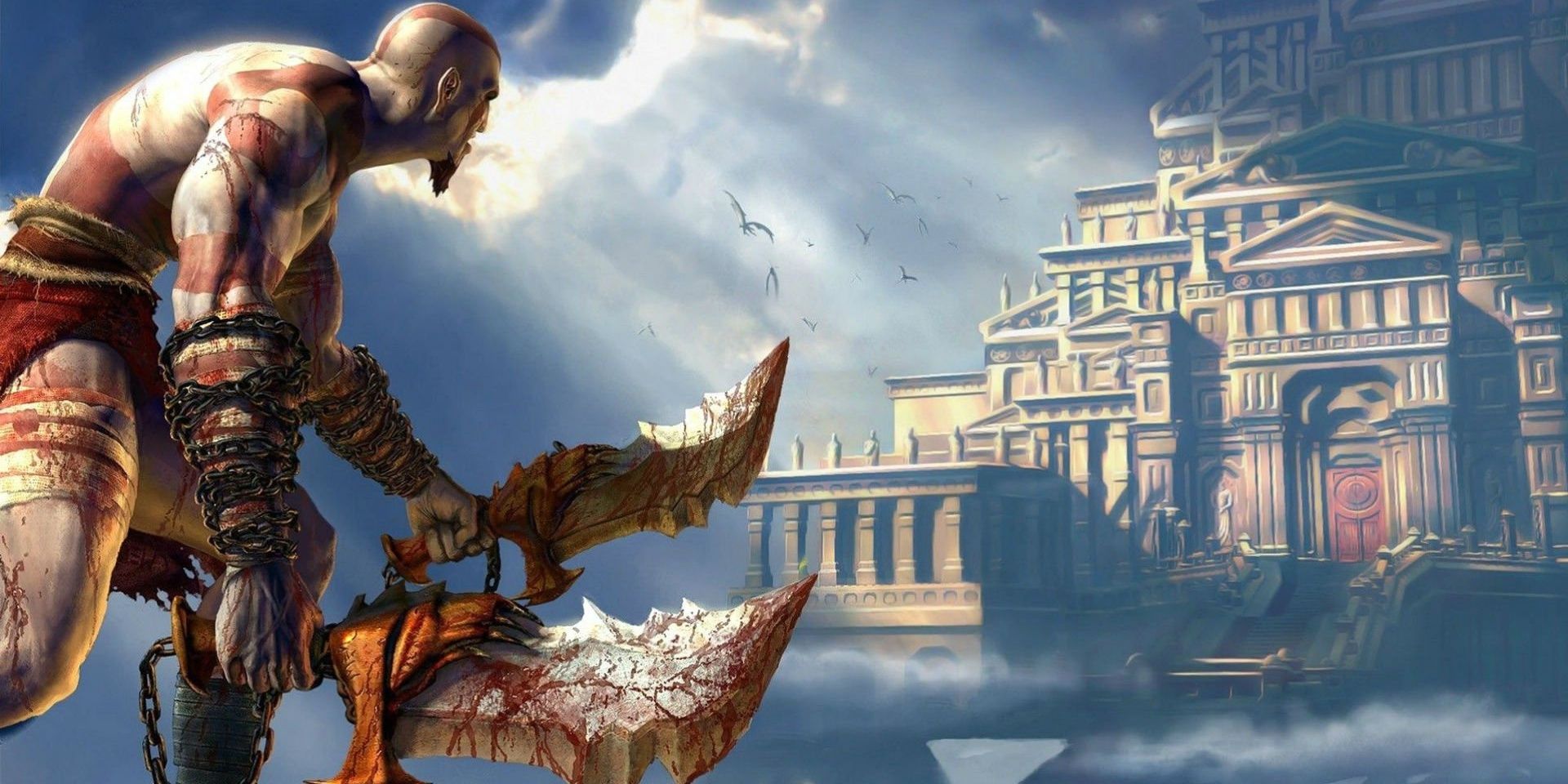 Kratos holding the Blades of Chaos ready to unleash his rage on Olympus.