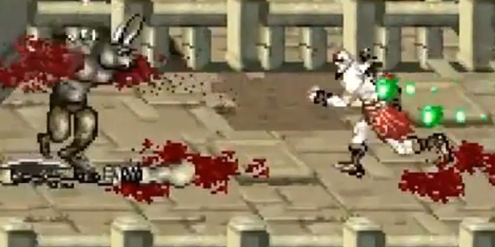 Kratos defeating a minotaur in battle leaving a scene of gore and blood in his path. 