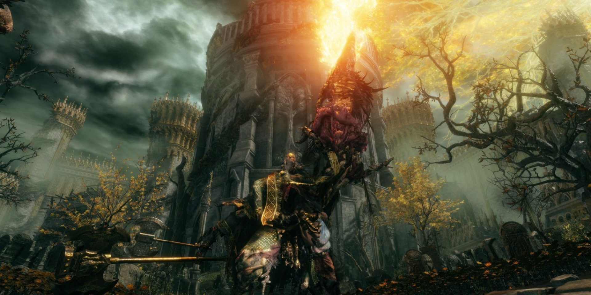 Elden Ring's Godrick The Grafted Emitting Fire In Front Of A Tower 