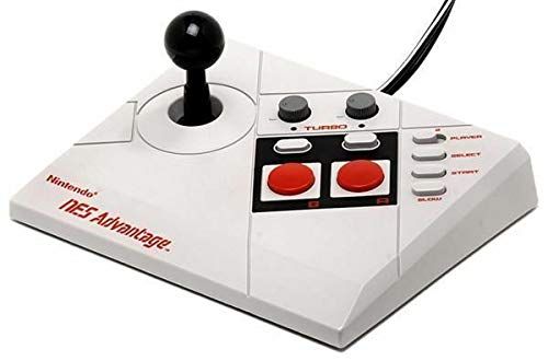 Nintendo's NES Advantage Controller unboxed and on display against a white backdrop. 
