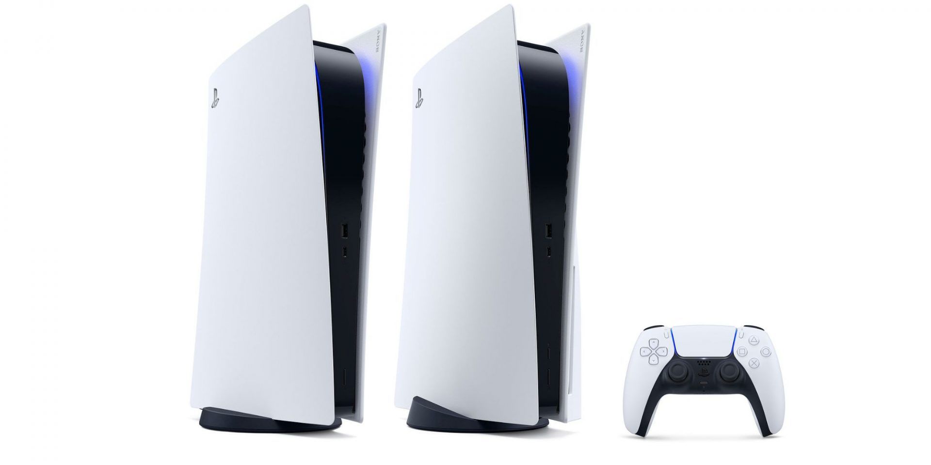 Two PlayStation 5s placed side by side next to a DualSense controller