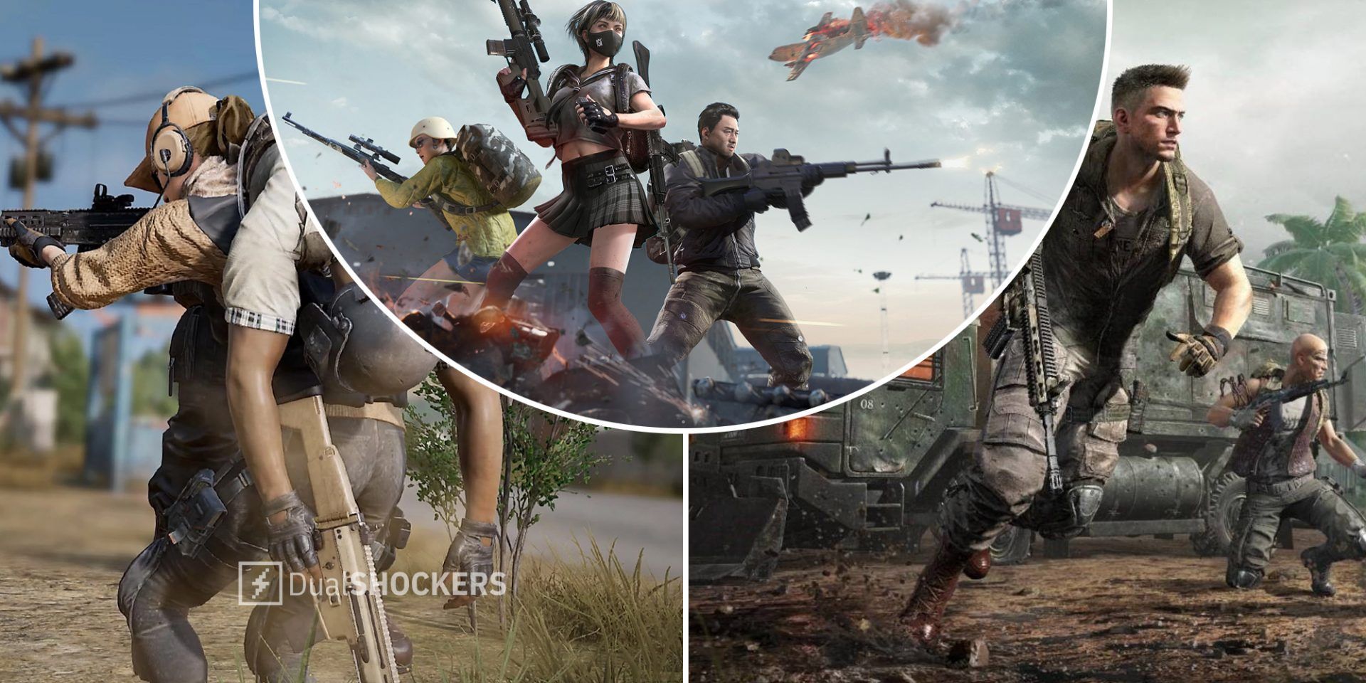 PUBG Battlegrounds player carrying another player while aiming their rifle on left, PUBG players posing with weapons in middle, players running into battle on right
