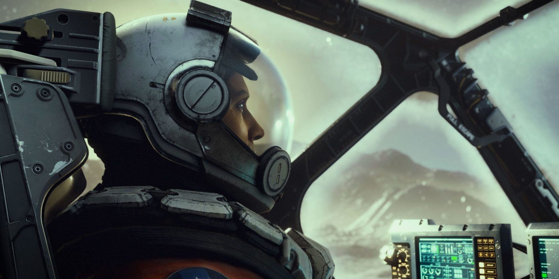 A pilot in the cockpit of a spaceship in the game Starfield.